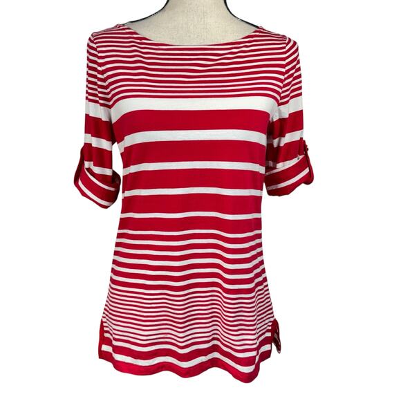 Charter Club Medium Top Striped Stretch Roll-Tab Sleeves Side Slits Boat Neck - Picture 1 of 8